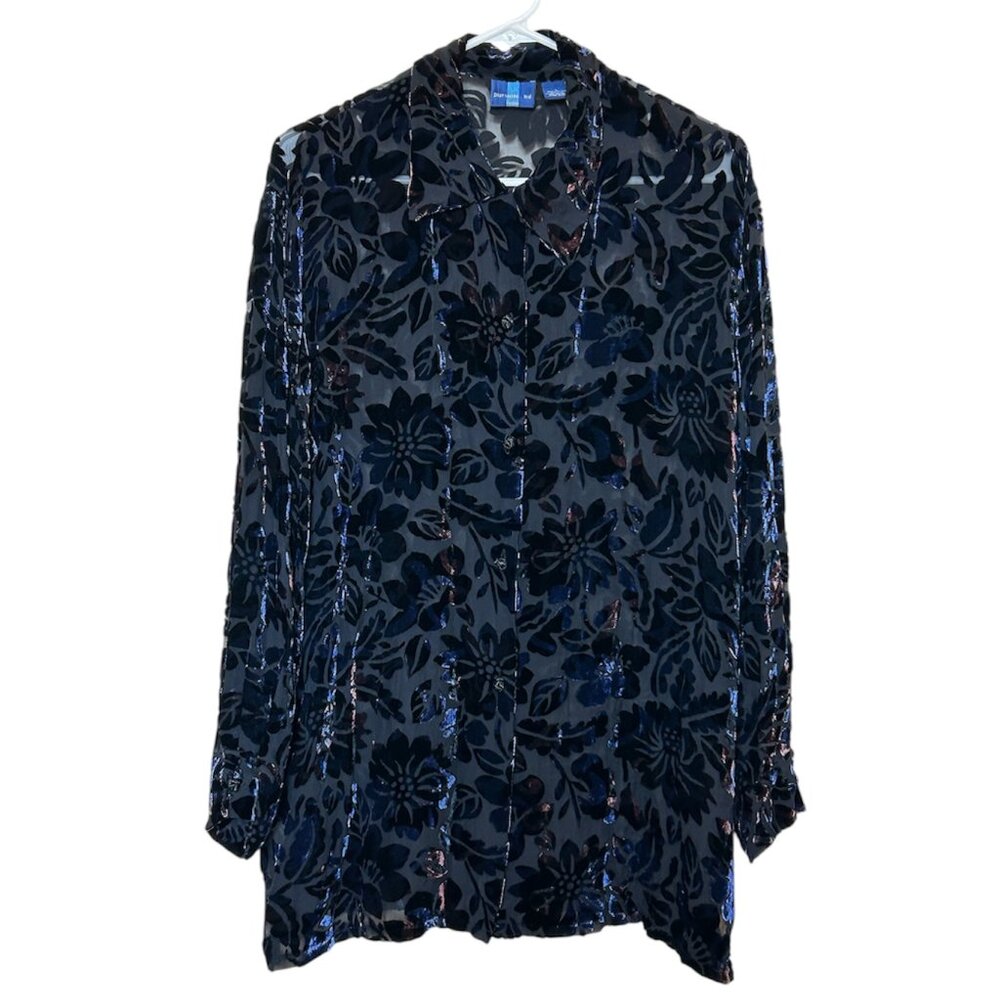 Pursuits Lld Black Floral Silk Velvet Long Sleeve Sheer Button Down Shirt Size L